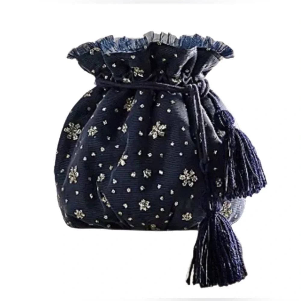Free People Navy Metallic Tassel Gift Pouch NWT